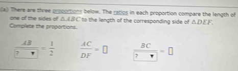 There are three proportions below. The ratios in each proportion compare the length of 
ome of the sides of △ ABC to the length of the corresponding side of △ DEF. 
Complete the proportions.
frac AB ?= 1/2   AC/DF =□  BC/?□  =□