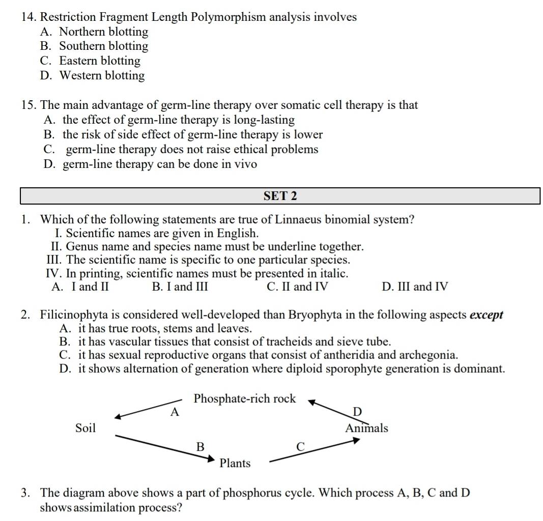 Restriction Fragment Length Polymorphism analysis involves
A. Northern blotting
B. Southern blotting
C. Eastern blotting
D. Western blotting
15. The main advantage of germ-line therapy over somatic cell therapy is that
A. the effect of germ-line therapy is long-lasting
B. the risk of side effect of germ-line therapy is lower
C. germ-line therapy does not raise ethical problems
D. germ-line therapy can be done in vivo
SET 2
1. Which of the following statements are true of Linnaeus binomial system?
I. Scientific names are given in English.
II. Genus name and species name must be underline together.
III. The scientific name is specific to one particular species.
IV. In printing, scientific names must be presented in italic.
A. I and II B. I and III C. II and IV D. III and IV
2. Filicinophyta is considered well-developed than Bryophyta in the following aspects except
A. it has true roots, stems and leaves.
B. it has vascular tissues that consist of tracheids and sieve tube.
C. it has sexual reproductive organs that consist of antheridia and archegonia.
D. it shows alternation of generation where diploid sporophyte generation is dominant.
3. The diagram above shows a part of phosphorus cycle. Which process A, B, C and D
shows assimilation process?