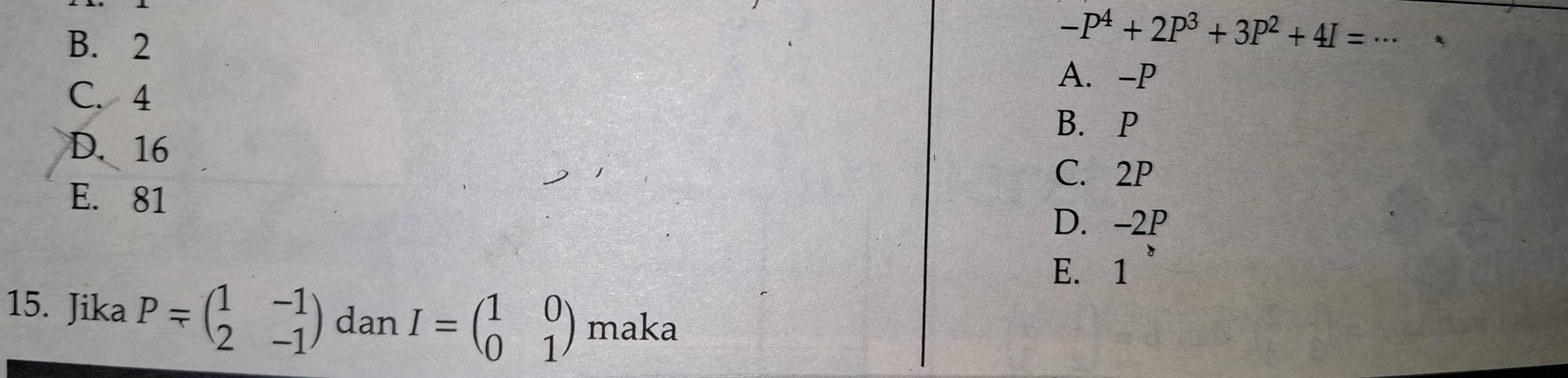 B. 2
-P^4+2P^3+3P^2+4I= _
A. -P
C. 4
B. P
D. 16
C. 2P
E. 81
D. -2P
E. 1
15. Jika P=beginpmatrix 1&-1 2&-1endpmatrix dan I=beginpmatrix 1&0 0&1endpmatrix maka