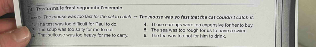 Trasforma le frasi seguendo l’esempio. 
tom> The mouse was too fast for the cat to catch. → The mouse was so fast that the cat couldn’t catch it. 
1. The test was too difficult for Paul to do. 4. Those earrings were too expensive for her to buy. 
2. The soup was too salty for me to eat. 5. The sea was too rough for us to have a swim. 
3. That suitcase was too heavy for me to carry. 6. The tea was too hot for him to drink.