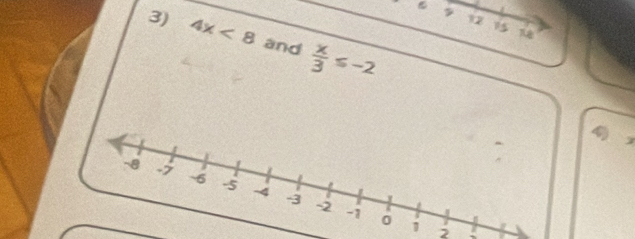 9 12
3) 4x<8</tex> and  x/3 ≤ -2
4) 
2 -
