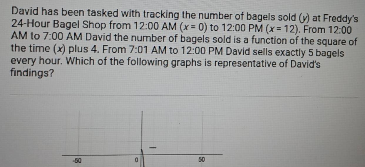 David has been tasked with tracking the number of bagels sold (y) at Freddy's
24-Hour Bagel Shop from 12:00 AM (x=0) to 12:00 PM (x=12). From 12:00 
AM to 7:00 AM David the number of bagels sold is a function of the square of 
the time (x) plus 4. From 7:01 AM to 12:00 PM David sells exactly 5 bagels 
every hour. Which of the following graphs is representative of David's 
findings?

-50 0 50