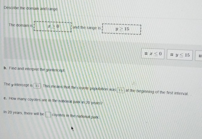 Describe the domain and range 
The domain is x≥ 0 and the range is y≥ 15
:: x≤ 0 :: y≤ 15 :: 
b. Find and interpret the y-intercept 
The yintercept is [15 ]. This means that the coyote population was [15 at the beginning of the first interval. 
c. How many coyotes are in the national park in 20 years? 
In 20 years, there will be □ coyotes in the national park