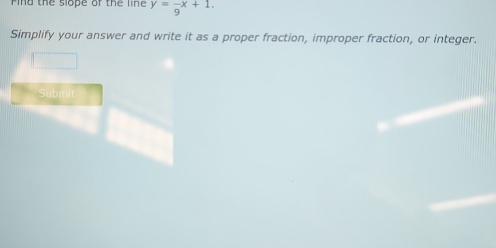 ind the slope of the line y=frac 9x+1. 
Simplify your answer and write it as a proper fraction, improper fraction, or integer. 
Submit