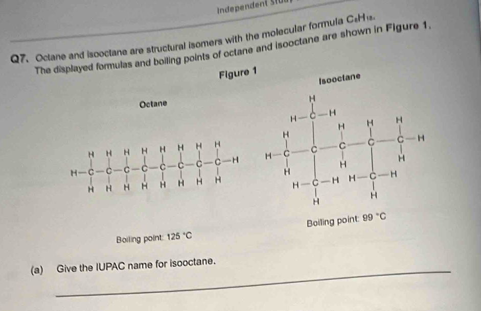 Independent Stüt
Q7. Octane and isooctane are structural isomers with the molecular formula C_8H_18.
The displayed formulas and boiling points of octane and isooctane are shown in Figure 1.
Figure 
Octane
H H H H H H H
H—C —C C -C C -c  c -C —H 
H H H H H H H H
Boiling point:
Boiling point: 125°C
(a) Give the IUPAC name for isooctane.