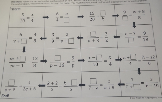 Directions: Follow the arrows to solve each proportion for x. You will uu me u
the next problem, which will lead you through the page. You must show your work on the work page provided for each problem.
En
© Gina Wilson (Mi Things Algebral, 2011