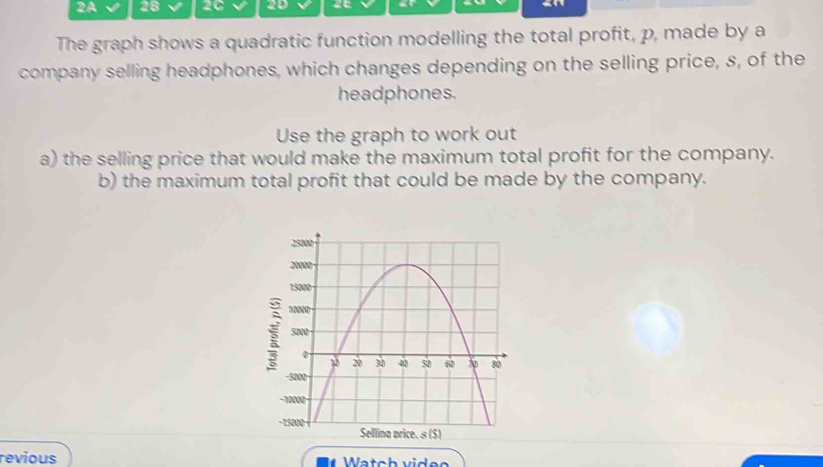 2A 28 2C 20 
The graph shows a quadratic function modelling the total profit, p, made by a 
company selling headphones, which changes depending on the selling price, s, of the 
headphones. 
Use the graph to work out 
a) the selling price that would make the maximum total profit for the company. 
b) the maximum total profit that could be made by the company. 
revious Watch videe