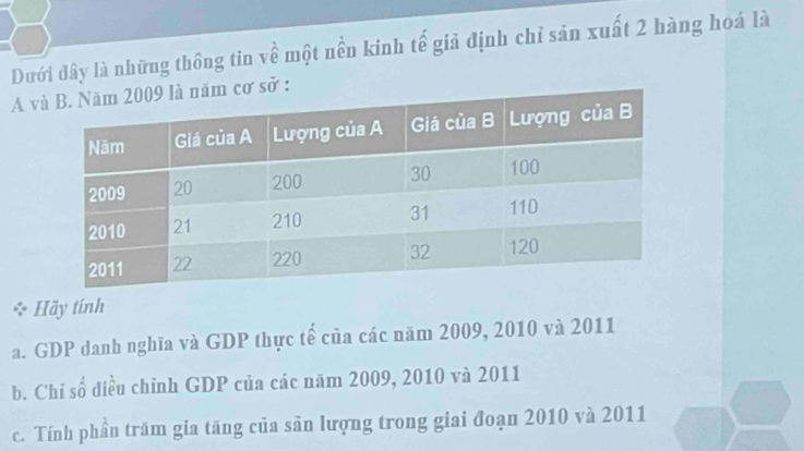 Dưới đây là những thông tin về một nền kinh tế giả định chỉ sản xuất 2 hàng hoá là 
A v 
* Hãy tính 
a. GDP danh nghĩa và GDP thực tế của các năm 2009, 2010 và 2011 
b. Chỉ số điều chỉnh GDP của các năm 2009, 2010 và 2011 
c. Tính phần trầm gia tăng của sản lượng trong giai đoạn 2010 và 2011