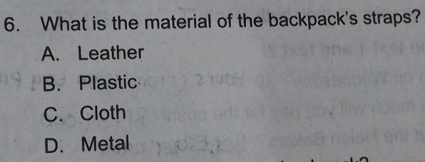 What is the material of the backpack's straps?
A. Leather
B. Plastic
C. Cloth
D. Metal