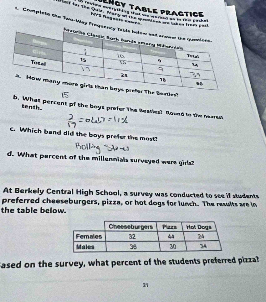 ULNCY TABLE PRACTICE 
to review everything that we worked on in this packe 
rself for the Quiz. Many of the questions are take 
NYS Regents exams. 
1. Complete the Two-Way F 
e Beatles? 
tenth. 
b. What percent pf the boys prefer The Beatles? Round to the nearest 
c. Which band did the boys prefer the most? 
d. What percent of the millennials surveyed were girls? 
At Berkely Central High School, a survey was conducted to see if students 
preferred cheeseburgers, pizza, or hot dogs for lunch. The results are in 
the table below. 
Based on the survey, what percent of the students preferred pizza? 
21