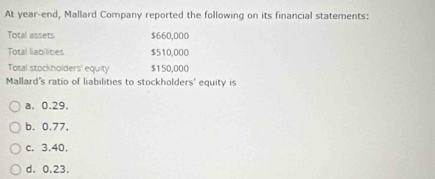 At year-end, Mallard Company reported the following on its financial statements:
Total assets $660,000
Total liabilities $510,000
Total stocknolders' equity $150,000
Mallard's ratio of liabilities to stockholders' equity is
a. 0.29.
b. 0.77.
c. 3.40.
d. 0,23.