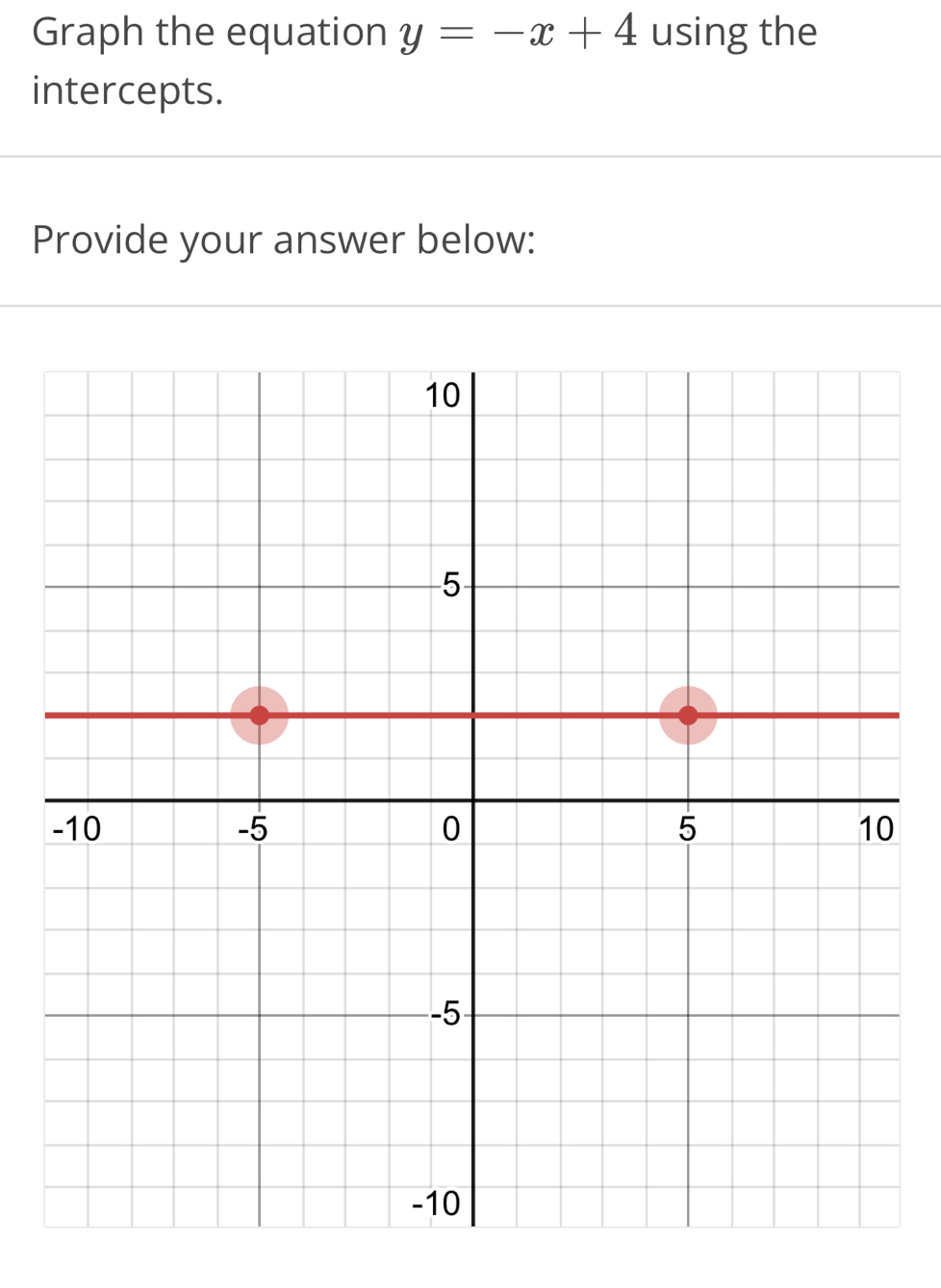 Graph the equation y=-x+4 using the 
intercepts. 
Provide your answer below: 
0