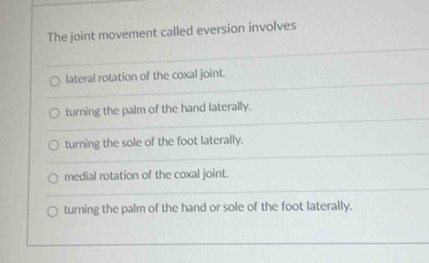 Solved: The joint movement called eversion involves lateral rotation of ...