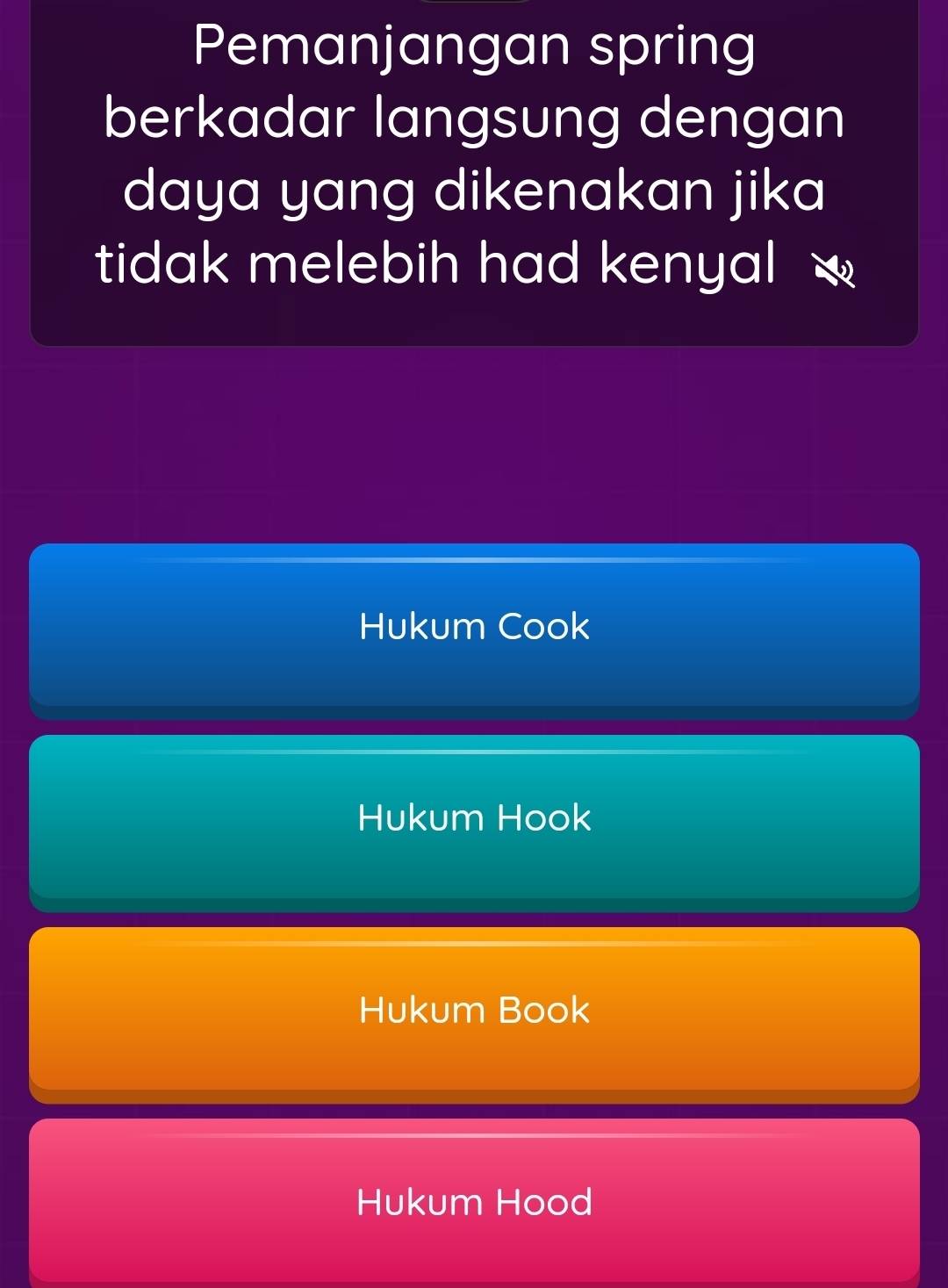 Pemanjangan spring
berkadar langsung dengan
daya yang dikenakan jika
tidak melebih had kenyal
Hukum Cook
Hukum Hook
Hukum Book
Hukum Hood