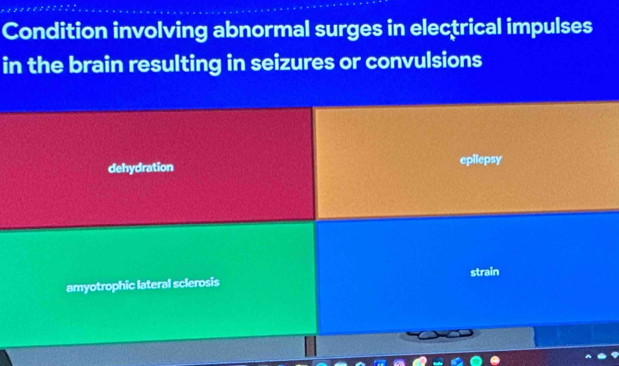 Condition involving abnormal surges in electrical impulses
in the brain resulting in seizures or convulsions
dehydration epilepsy
amyotrophic lateral sclerosis strain