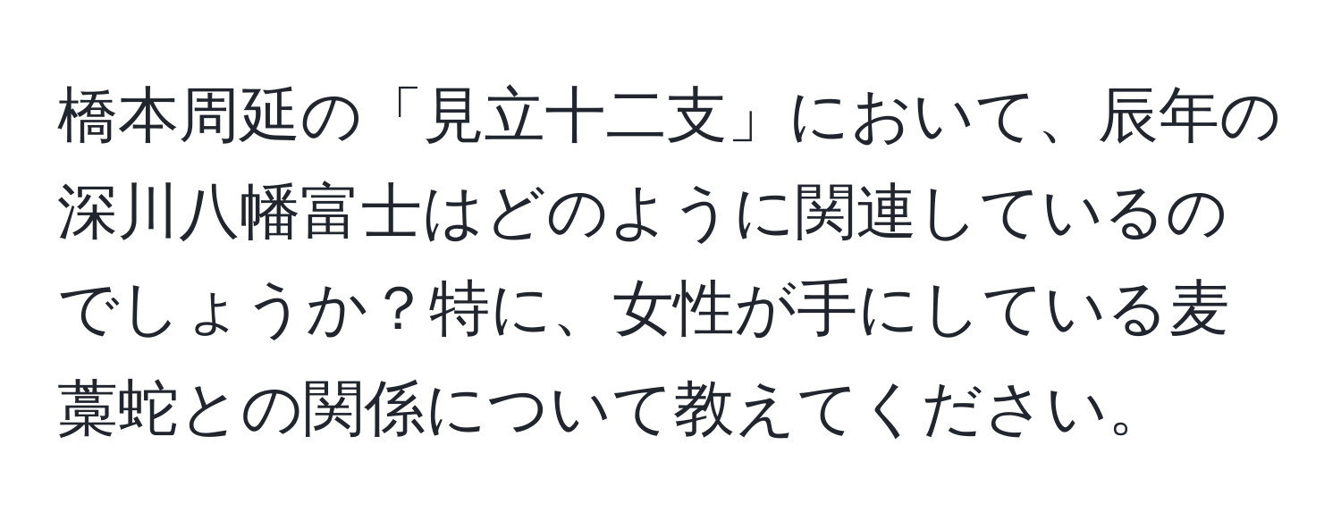 橋本周延の「見立十二支」において、辰年の深川八幡富士はどのように関連しているのでしょうか？特に、女性が手にしている麦藁蛇との関係について教えてください。