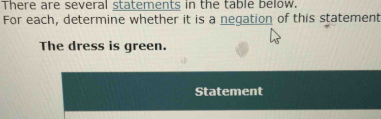 There are several statements in the table below. 
For each, determine whether it is a negation of this statement 
The dress is green. 
Statement