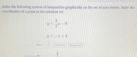 Solve the following system of inequalities graphically on the set of axes below. State the
coordinates of a point in the solution set.
y
y
Line 2 Change line Change shade
y