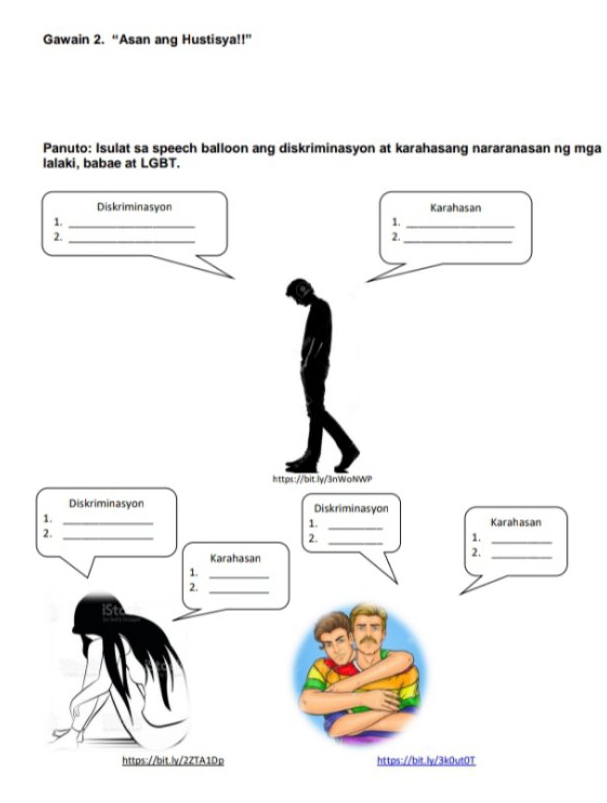 Gawain 2. “Asan ang Hustisya!!” 
Panuto: Isulat sa speech balloon ang diskriminasyon at karahasang nararanasan ng mga 
lalaki, babae at LGBT.