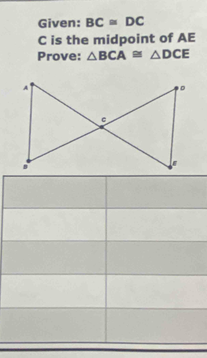 Given: BC≌ DC
C is the midpoint of AE
Prove: △ BCA≌ △ DCE