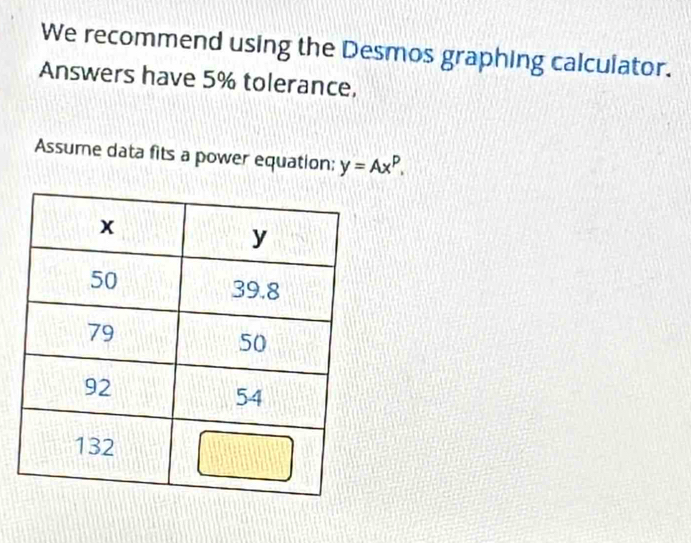 We recommend using the Desmos graphing calculator. 
Answers have 5% tolerance, 
Assume data fits a power equation: y=Ax^P.