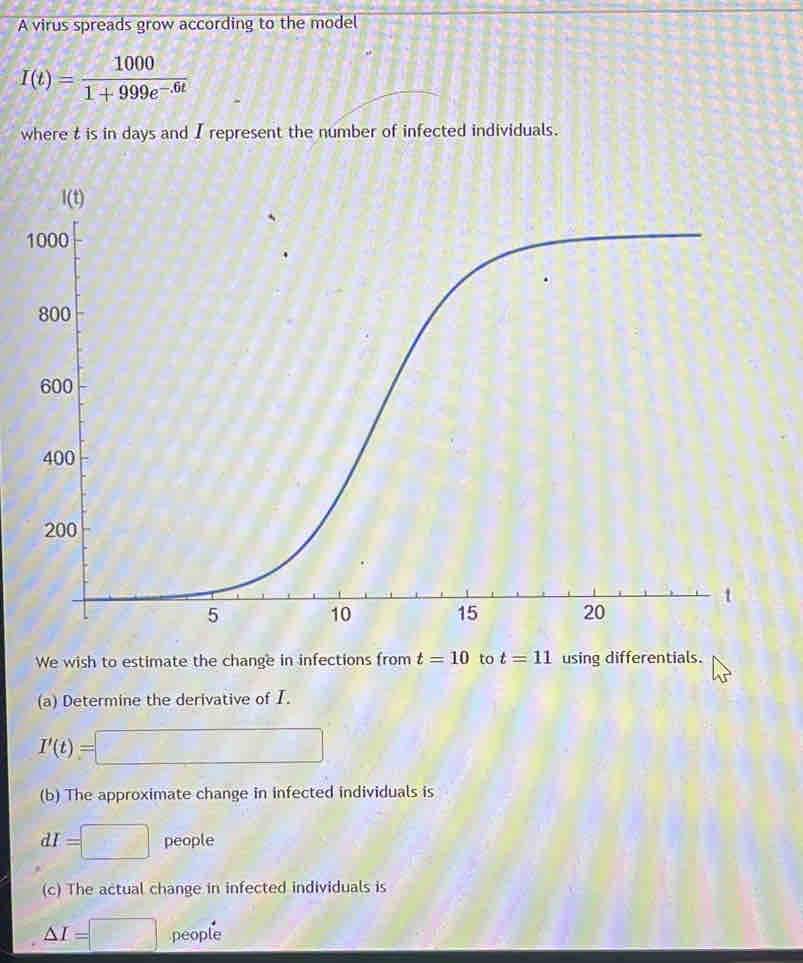 A virus spreads grow according to the model
I(t)= 1000/1+999e^(-.6t) 
where t is in days and I represent the number of infected individuals. 
We wish to estimate the change in infections from t=10 to t=11 using differentials. 
(a) Determine the derivative of I.
I'(t)=□
(b) The approximate change in infected individuals is
dI=□ people 
(c) The actual change in infected individuals is
△ I=□ oeople 
people