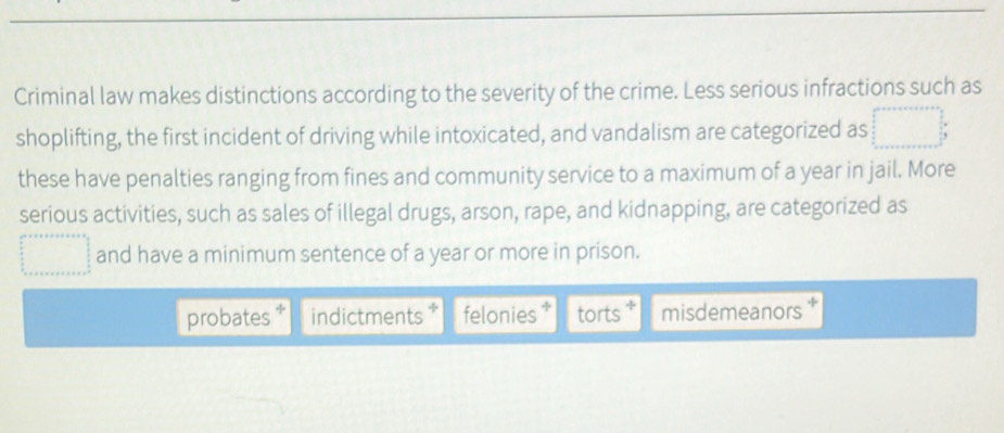 Criminal law makes distinctions according to the severity of the crime. Less serious infractions such as
shoplifting, the first incident of driving while intoxicated, and vandalism are categorized as ,
these have penalties ranging from fines and community service to a maximum of a year in jail. More
serious activities, such as sales of illegal drugs, arson, rape, and kidnapping, are categorized as
and have a minimum sentence of a year or more in prison.
probates indictments felonies torts misdemeanors