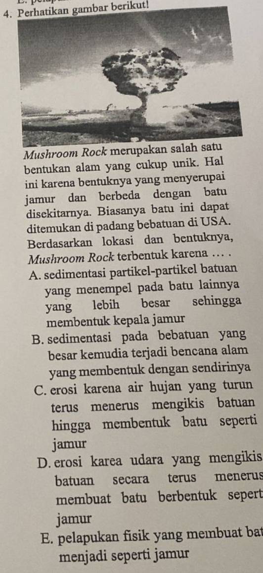 Perhatikan gambar berikut!
Mushroom Rock merupakan salah satu
bentukan alam yang cukup unik. Hal
ini karena bentuknya yang menyerupai
jamur dan berbeda dengan batu
disekitarnya. Biasanya batu ini dapat
ditemukan di padang bebatuan di USA.
Berdasarkan lokasi dan bentuknya,
Mushroom Rock terbentuk karena … .
A. sedimentasi partikel-partikel batuan
yang menempel pada batu lainnya
yang lebih besar sehingga
membentuk kepala jamur
B. sedimentasi pada bebatuan yang
besar kemudia terjadi bencana alam
yang membentuk dengan sendirinya
C.erosi karena air hujan yang turun
terus menerus mengikis batuan
hingga membentuk batu seperti
jamur
D. erosi karea udara yang mengikis
batuan secara terus menerus
membuat batu berbentuk sepert
jamur
E. pelapukan fisik yang membuat bat
menjadi seperti jamur