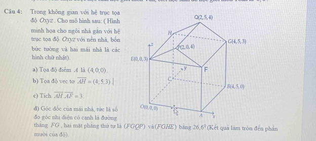 Trong không gian với hệ trục tọa
độ Oxyz . Cho mô hình sau: ( Hình
minh họa cho ngôi nhà gắn với hệ
trục tọa độ Oxyz với nền nhà, bốn
bức tường và hai mái nhà là các
hình chữ nhật). 
a) Tọa độ điểm A là (4,0,0).
b) Tọa độ vec tơ overline AH=(4;5;3).|
c) Tich overline AH.overline AF=3.
d) Góc đốc của mái nhà, tức là số 
đo góc nhị diện có cạnh là đường
thăng FG , hai mặt phăng thứ tự là (FGQP) và(FGHE) bǎng 26.6° (Kết quả làm tròn đển phần
mười c lado)