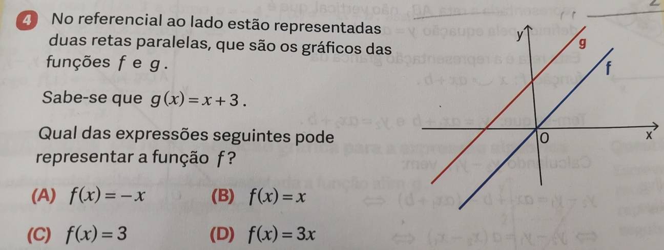 No referencial ao lado estão representadas
duas retas paralelas, que são os gráficos das
funções f e g.
Sabe-se que g(x)=x+3. 
Qual das expressões seguintes pode
representar a função f ?
(A) f(x)=-x (B) f(x)=x
(C) f(x)=3 (D) f(x)=3x