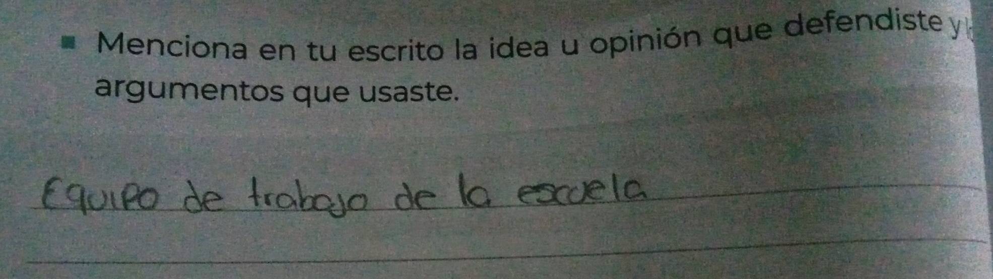 Menciona en tu escrito la idea u opinión que defendiste y 
argumentos que usaste. 
_ 
_