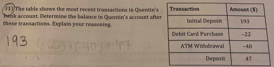 The table shows the most recent transactions in Quentin's 
bank account. Determine the balance in Quentin's account after 
these transactions. Explain your reasoning.