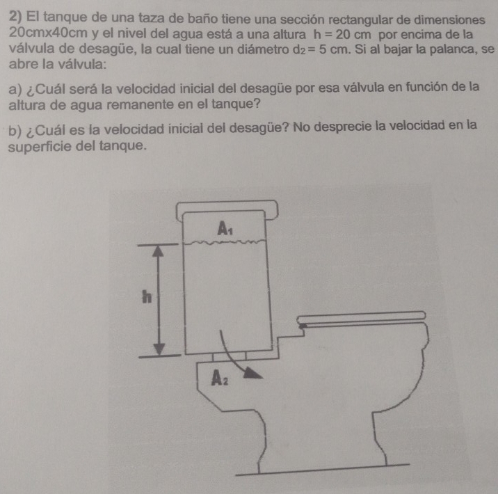 El tanque de una taza de baño tiene una sección rectangular de dimensiones
20cmx40cm y el nivel del agua está a una altura h=20cm por encima de la
válvula de desagüe, la cual tiene un diámetro d_2=5cm. Si al bajar la palanca, se
abre la válvula:
a) ¿Cuál será la velocidad inicial del desagüe por esa válvula en función de la
altura de agua remanente en el tanque?
b) ¿Cuál es la velocidad inicial del desagüe? No desprecie la velocidad en la
superficie del tanque.