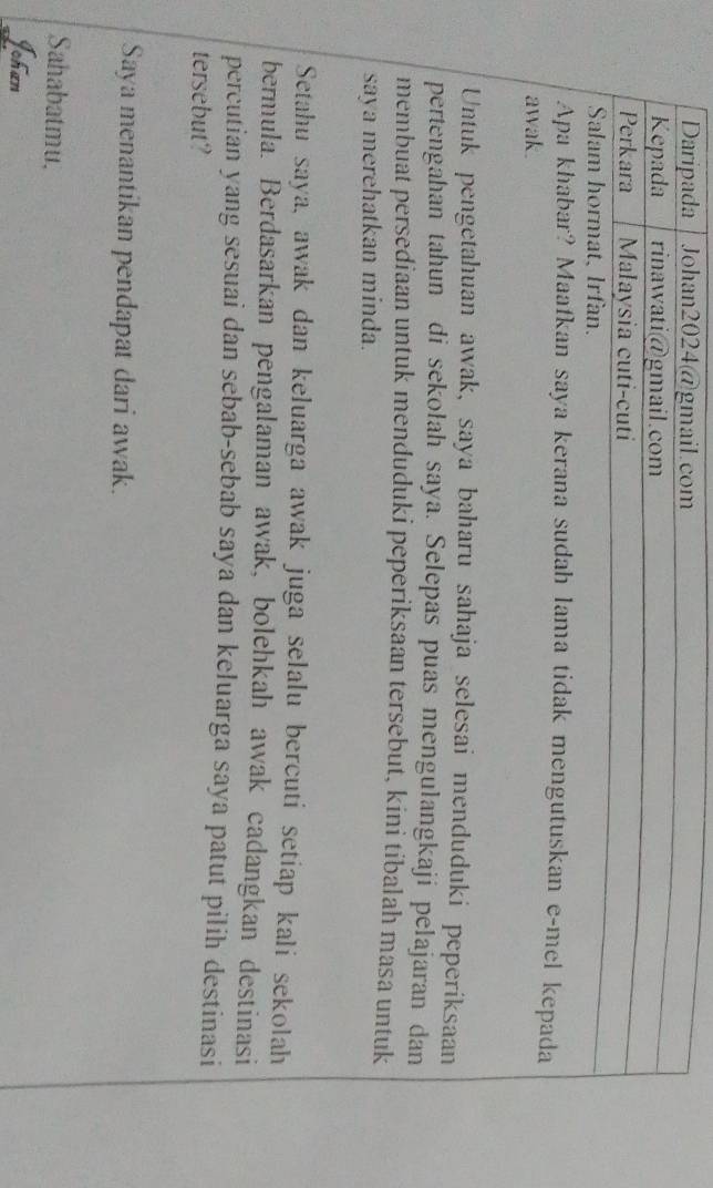 Daripada Johan2024@gmail.com 
Kepada rinawati@gmail.com 
Perkara Malaysia cuti-cuti 
Salam hormat, Irfan. 
Apa khabar? Maafkan saya kerana sudah lama tidak mengutuskan e-mel kepada 
awak . 
Untuk pengetahuan awak, saya baharu sahaja selesai menduduki peperiksaan 
pertengahan tahun di sekołah saya. Selepas puas mengulangkaji pelajaran dan 
membuat persediaan untuk menduduki peperiksaan tersebut, kini tibalah masa untuk 
saya merehatkan minda. 
Setahu saya, awak dan keluarga awak juga selalu bercuti setiap kali sekolah 
bermula. Berdasarkan pengalaman awak, bolehkah awak cadangkan destinasi 
percutian yang sesuai dan sebab-sebab saya dan keluarga saya patut pilih destinasi 
tersebut? 
Saya menantikan pendapat dari awak. 
Sahabatmu. 
Johan