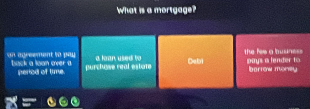 What is a mortgage?
the fee a business 
n agreement to pay . a lean used to
Debt
back a loan over a purchase real estote pays a lender to
period of lime. borrow money