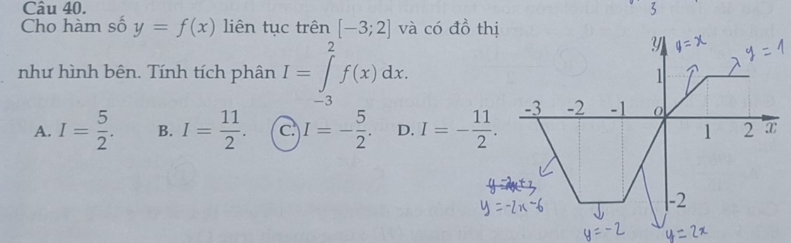 Cho hàm số y=f(x) liên tục trên [-3;2] và có đồ thị
Y
như hình bên. Tính tích phân I=∈tlimits _(-3)^2f(x)dx. 1
-3 -2 -1 0
1 2
A. I= 5/2 . B. I= 11/2 . C I=- 5/2 . D. I=- 11/2 . x
-2