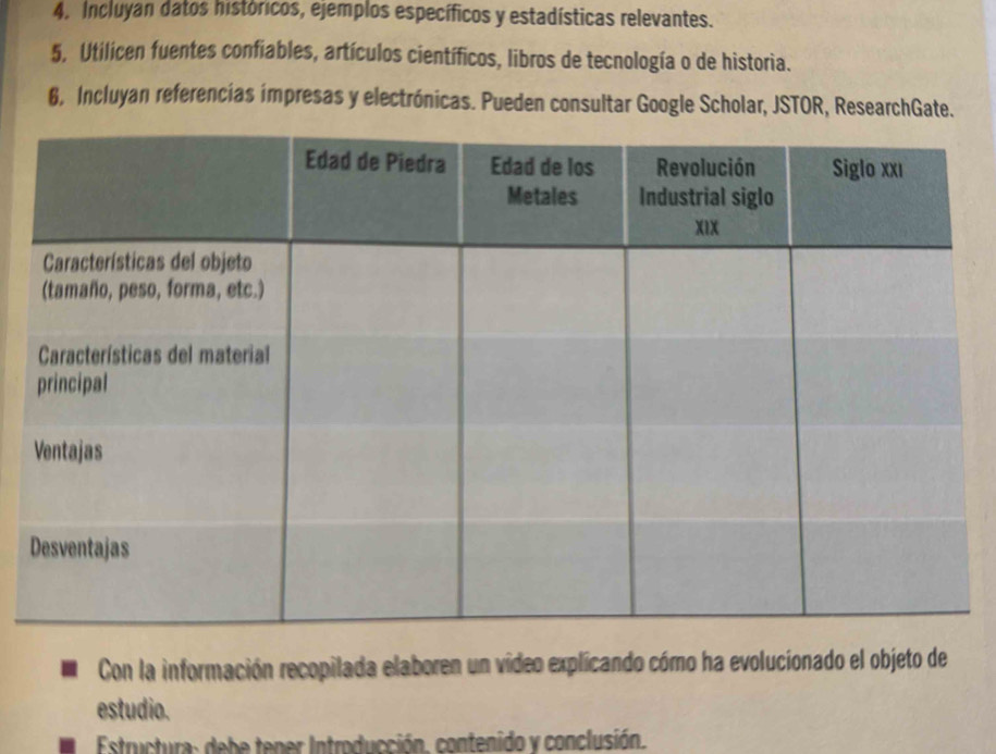 Incluyan datos históricos, ejemplos específicos y estadísticas relevantes. 
5. Utilicen fuentes confiables, artículos científicos, libros de tecnología o de historia. 
6, Incluyan referencias impresas y electrónicas. Pueden consultar Google Scholar, JSTOR, ResearchGate. 
Con la información recopilada elaboren un video explicando cómo ha evolucionado el objeto de 
estudio. 
Estructura: debe tener Introducción. contenido y conclusión.