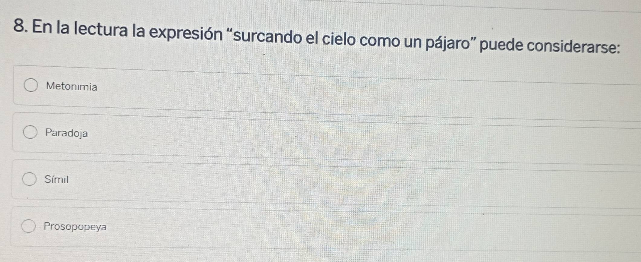 En la lectura la expresión “surcando el cielo como un pájaro” puede considerarse:
Metonimia
Paradoja
Símil
Prosopopeya