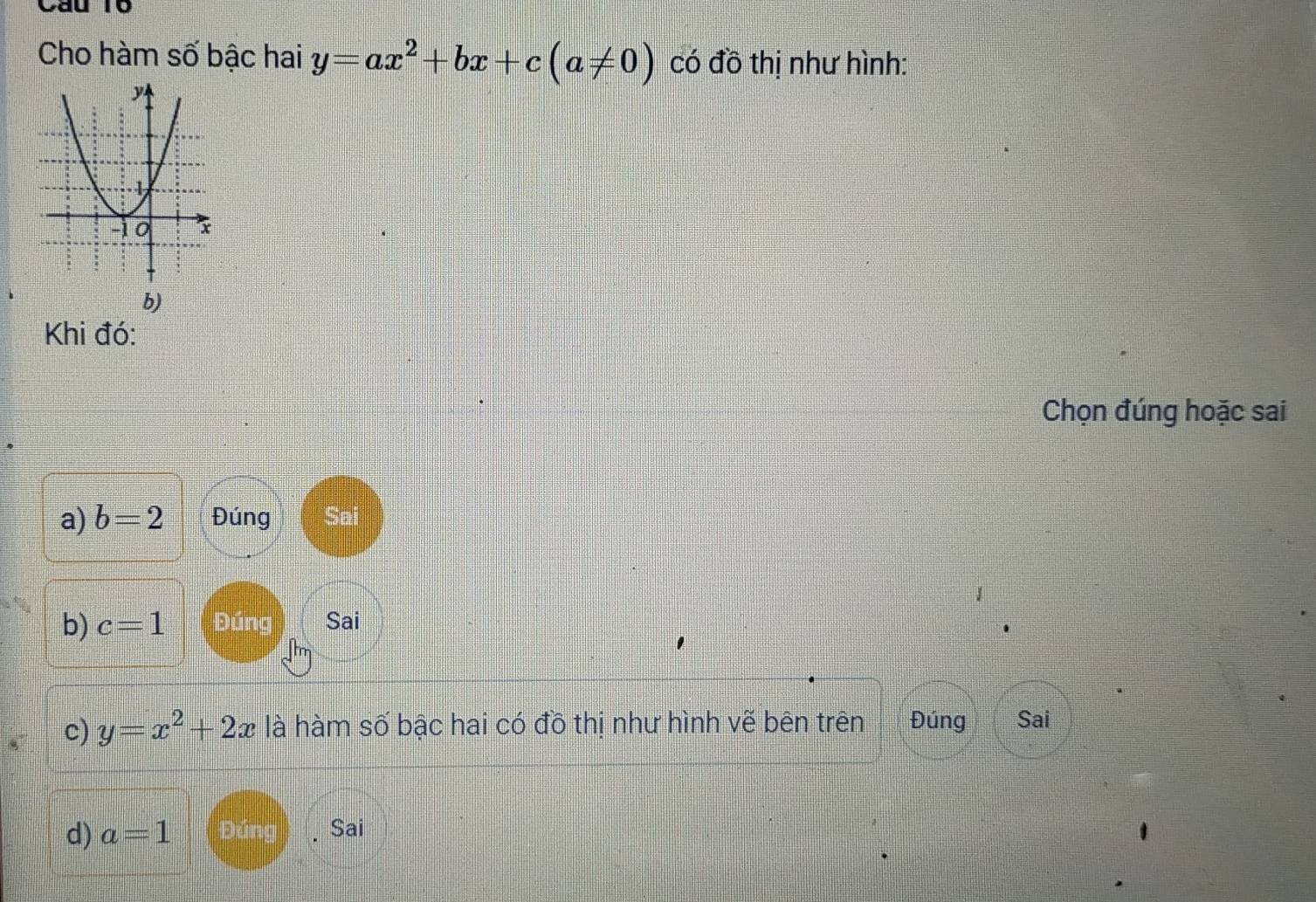 Cau 16 
Cho hàm số bậc hai y=ax^2+bx+c(a!= 0) có đồ thị như hình: 
b) 
Khi đó: 
Chọn đúng hoặc sai 
a) b=2 Đúng Sai 
b) c=1 Đúng Sai 
c) y=x^2+2x là hàm số bậc hai có đồ thị như hình vẽ bên trên Đúng Sai 
d) a=1 Đúng Sai