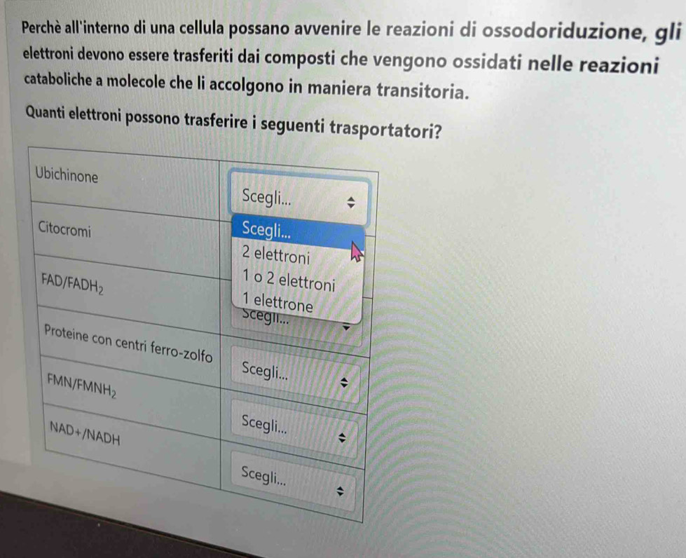 Perchè all'interno di una cellula possano avvenire le reazioni di ossodoriduzione, gli
elettroni devono essere trasferiti dai composti che vengono ossidati nelle reazioni
cataboliche a molecole che li accolgono in maniera transitoria.
Quanti elettroni possono trasferire i seguenti trasportatori?