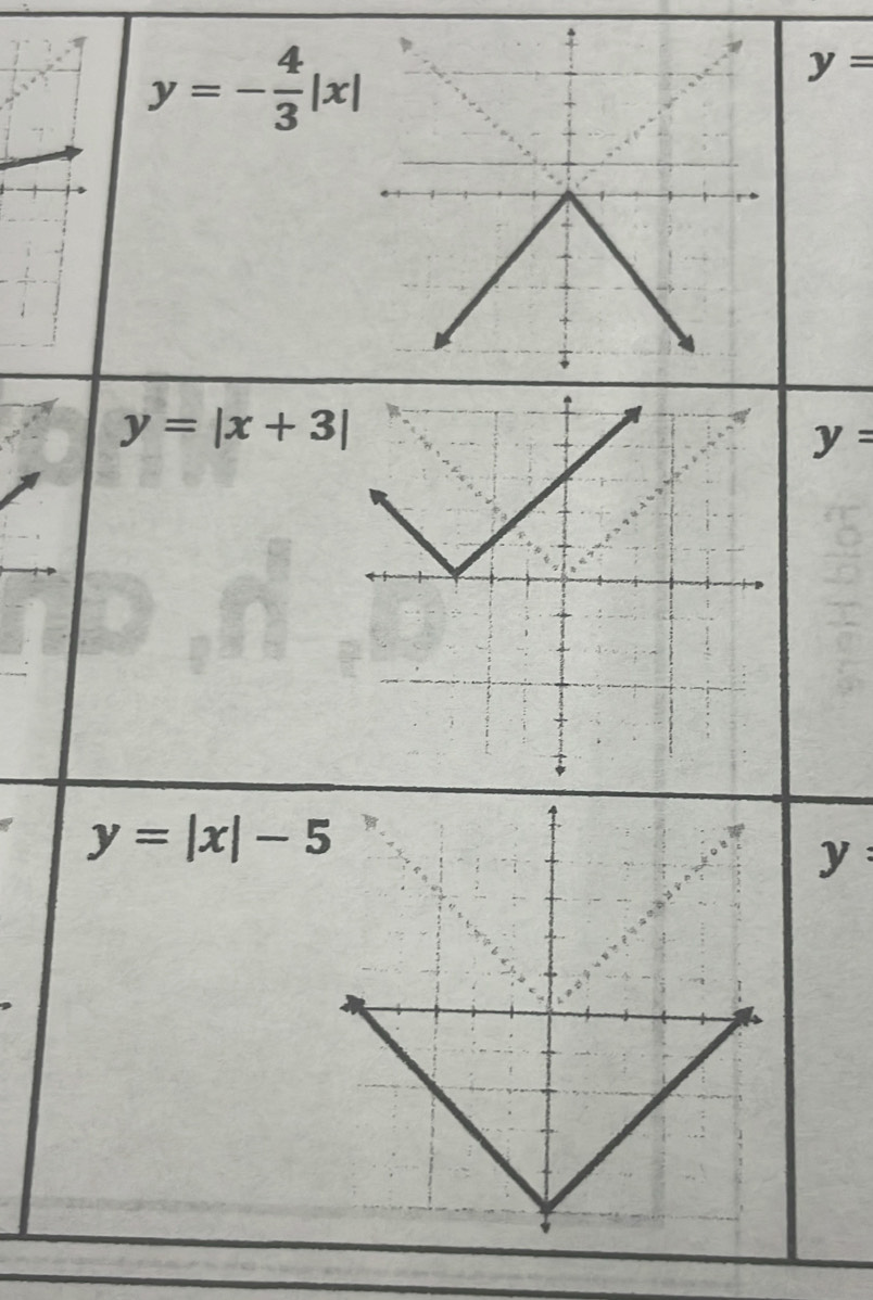 y=- 4/3 |x|
y=
y=|x+3|
y=
y=|x|-5
y :