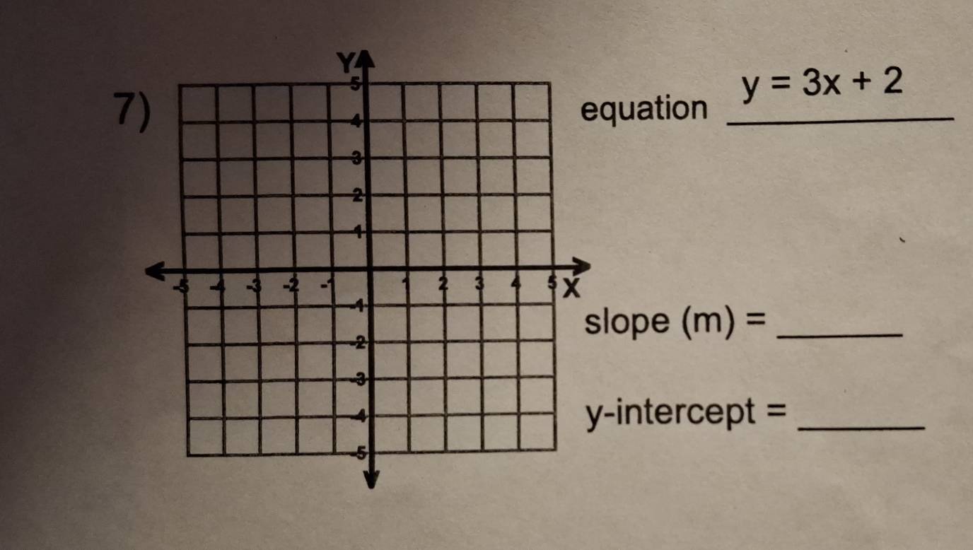 y=3x+2
7) 
quation_ 
lope (m)= _ 
-intercept =_