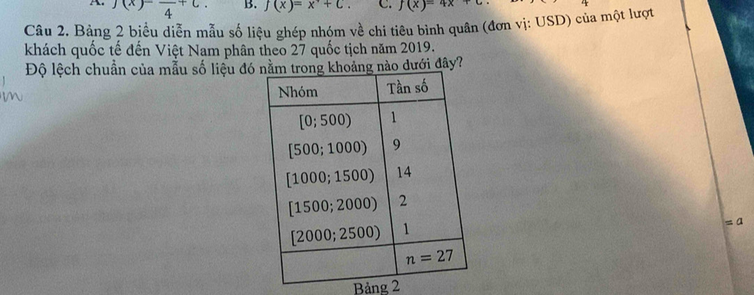 A. (x)-frac 4+C. B. f(x)=x+C. C. f(x)=4x+c
Câu 2. Bảng 2 biểu diễn mẫu số liệu ghép nhóm về chi tiêu bình quân (đơn vị: USD) của một lượt
khách quốc tế đến Việt Nam phân theo 27 quốc tịch năm 2019.
Độ lệch chuẩn của mẫu số liệu đóào dưới đây?
= a
Bảng 2