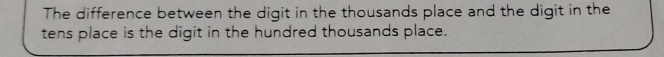 The difference between the digit in the thousands place and the digit in the 
tens place is the digit in the hundred thousands place.