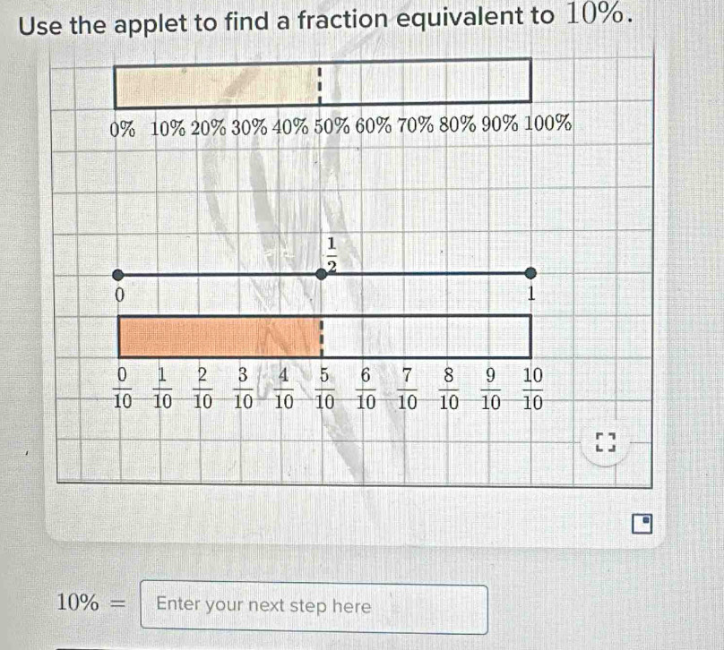 Use the applet to find a fraction equivalent to 10%.
0% 10% 20% 30% 40% 50% 60% 70% 80% 90% 100%
 1/2 
0
1
 0/10   1/10   2/10   3/10   4/10   5/10   6/10   7/10   8/10   9/10   10/10 
L
10% = Enter your next step here