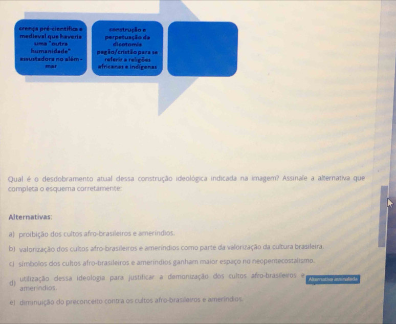 crença pré-científica e construção e
medieval que haveris perpetuação da
uma "outra dicotomis
humanidade" pagão/cristão para se
assustadora no além - referir a religões
mar africanas e indígenas
Qual é o desdobramento atual dessa construção ideológica indicada na imagem? Assinale a alternativa que
completa o esquema corretamente:
Alternativas:
a) proibição dos cultos afro-brasileiros e ameríndios.
b) valorização dos cultos afro-brasileiros e ameríndios como parte da valorização da cultura brasileira.
c) símbolos dos cultos afro-brasileiros e amerindios ganham maior espaço no neopentecostalismo.
d) utilização dessa ideologia para justificar: a demonização dos cultos afro-brasileiros e Alternativa assinalada
ameríndios.
e) diminuição do preconceito contra os cultos afro-brasileiros e ameríndios.