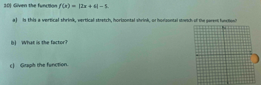 Given the function f(x)=|2x+6|-5. 
a) Is this a vertical shrink, vertical stretch, horizontal shrink, or horizontal stretch of the parent function? 
b) What is the factor? 
c) Graph the function.