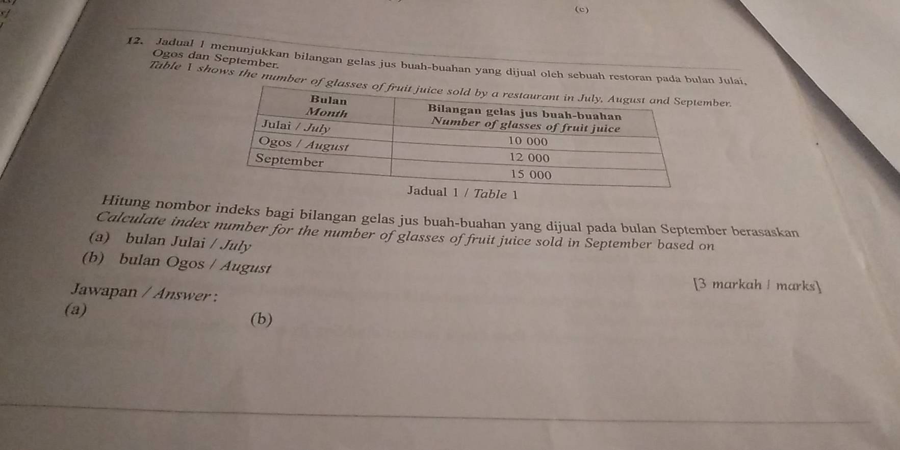 Ogos dan September. 
12. Jadual 1 menunjukkan bilangan gelas jus buah-buahan yang dijual oleh sebuah restoran pada bulan Julai 
Table 1 shows the number of mber. 
e 1 
Hitung nombor indeks bagi bilangan gelas jus buah-buahan yang dijual pada bulan September berasaskan 
Calculate index number for the number of glasses of fruit juice sold in September based on 
(a) bulan Julai / July 
(b) bulan Ogos / August 
[3 markah / marks] 
Jawapan / Answer : 
(a) (b)