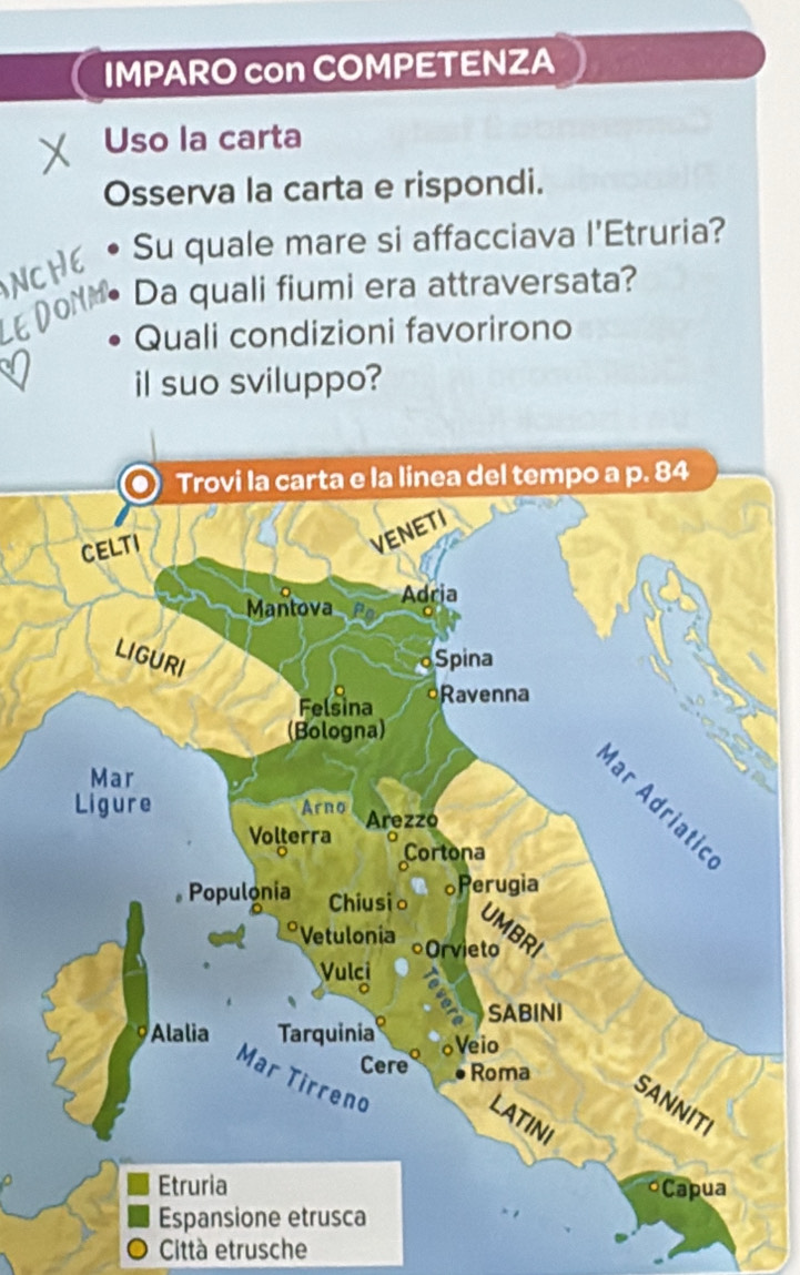 IMPARO con COMPETENZA 
Uso la carta 
Osserva la carta e rispondi. 
Su quale mare si affacciava l'Etruria? 
CHE 
Donm Da quali fiumi era attraversata? 
Quali condizioni favorirono 
il suo sviluppo? 
Città etrusche