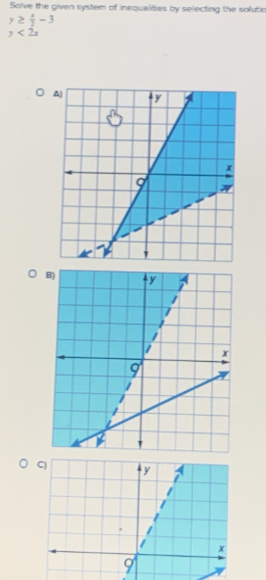 Solve the given system of inequalities by selecting the solutic
y≥  x/2 -3
y<2x</tex>